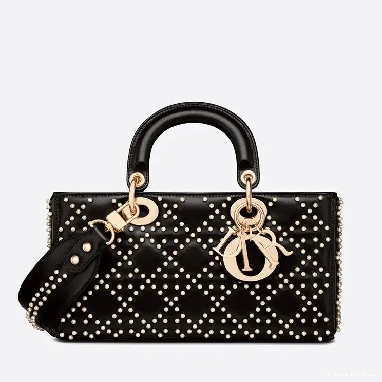 Medium D-Joy Cannage Lady Beads Lambskin Black Motif Bag with 0608 Luxury